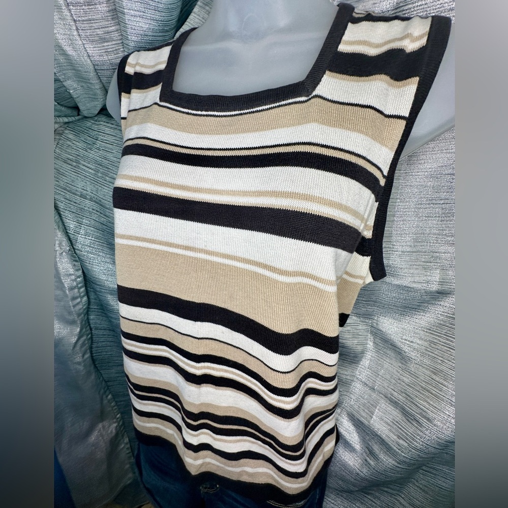 Croft & Barrow Black Tan Stripe Squareneck Knit Sweater Tank Top Shirt - X-Large